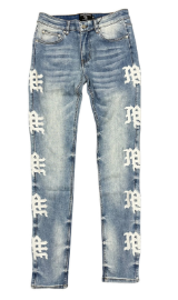 MIXED EMOTIO White Gothic Logo Side‑Print Slim Denim Jeans Light Blue Wash