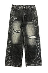 MIXED EMOTIO Studded Distressed Wide Leg Denim Jeans Black Acid Wash