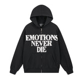 MIXED EMOTIO Emotions Never Die Leopard Print Text Zip‑Up Hoodie