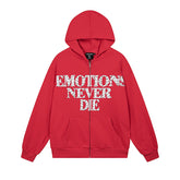 MIXED EMOTIO Emotions Never Die Leopard Print Text Red Zip‑Up Hoodie