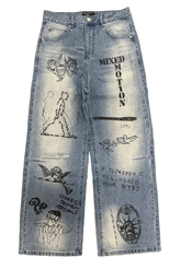 MIXED EMOTIO Sketch Art Graphic Distressed Baggy Light Wash Denim Jeans