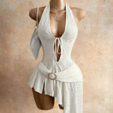 White Textured Halter Cutout Mini Dress