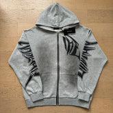 MIXED EMOTIO Gothic Script Sleeve Print Grey Zip‑Up Hoodie