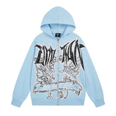 MIXED EMOTIO Gothic Angel Front‑Back Print Light Blue Zip‑Up Hoodie