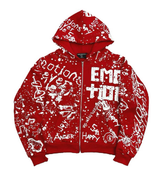 MIXED EMOTIO Full‑Print Graffiti Zip‑Up Hoodie Red