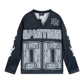 MIXED EMOTIO 00 Wood Grain Print V‑Neck Hockey Jersey Long‑Sleeve Top