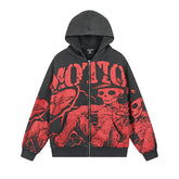 MIXED EMOTIO Red Skeleton Distressed Zip‑Up Hoodie