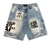 MIXED EMOTIO Slogan Patchwork Distressed Carpenter Denim Jorts Light Wash