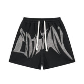 MIXED EMOTIO Rhinestone Heavy Metal Font Black Sweat Shorts