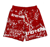 MIXED EMOTIO Full‑Print Graffiti Frayed Sweat Shorts Red