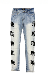 MIXED EMOTIO Gothic Logo Side‑Print Slim Denim Jeans Light Blue Wash