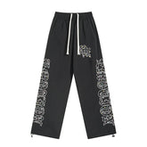 MIXED EMOTIO Rhinestone Letter Print Wide‑Leg Nylon Track Pants