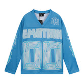 MIXED EMOTIO 00 Wood Grain Print Blue V‑Neck Hockey Jersey Long‑Sleeve Top