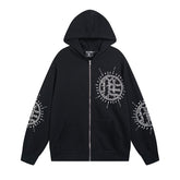 MIXED EMOTIO Rhinestone Sun Symbol Zip‑Up Hoodie