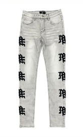 MIXED EMOTIO Gothic Logo Side‑Print Slim Denim Jeans Grey Wash