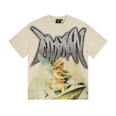 MIXED EMOTIO Cherub Jet‑Ski Silver Rhinestone Cream Graphic Short Sleeve T‑Shirt
