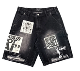 MIXED EMOTIO Slogan Patchwork Distressed Carpenter Denim Jorts Black Wash