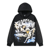 MIXED EMOTIO Cherub Angel Graphic Rhinestone Sleeve Hoodie Black