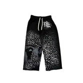 MIXED EMOTIO Animal Print Face Graphic Wide Leg Sweatpants Black