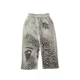 MIXED EMOTIO Animal Print Face Graphic Wide Leg Sweatpants Grey Wash