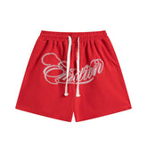 MIXED EMOTIO Cursive Script Logo Red Sweat Shorts