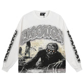MIXED EMOTIO Graveyard Zombie Rhinestone Print White Long‑Sleeve T‑Shirt