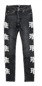 MIXED EMOTIO White Gothic Logo Side‑Print Slim Denim Jeans Black Wash