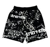 MIXED EMOTIO Full‑Print Graffiti Frayed Sweat Shorts Black