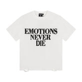 MIXED EMOTIO Emotions Never Die Black Distressed Text Graphic Short Sleeve T‑Shirt