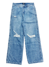 MIXED EMOTIO Studded Distressed Wide Leg Denim Jeans Light Blue Wash