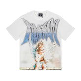 MIXED EMOTIO Cherub Dove Gradient Rhinestone White Graphic Short Sleeve T‑Shirt