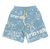 MIXED EMOTIO Full‑Print Graffiti Frayed Sweat Shorts Light Blue