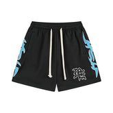 MIXED EMOTIO Side Blue Flame‑Graphic Mesh Black Basketball Shorts