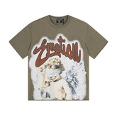 MIXED EMOTIO Blindfolded Cherub Rhinestone Olive Graphic Short Sleeve T‑Shirt