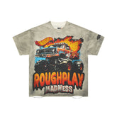 RoughPlay Monster Truck Flame Graphic Distressed Short‑Sleeve Tee Vintage Streetwear T‑Shirt