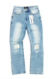 MIXED EMOTIO Rhinestone Washed Distressed Flare Denim Jeans Light Blue