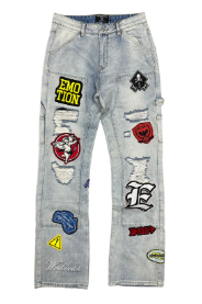 MIXED EMOTIO Multi‑Patch Distressed Carpenter Flare Denim Jeans Light Wash