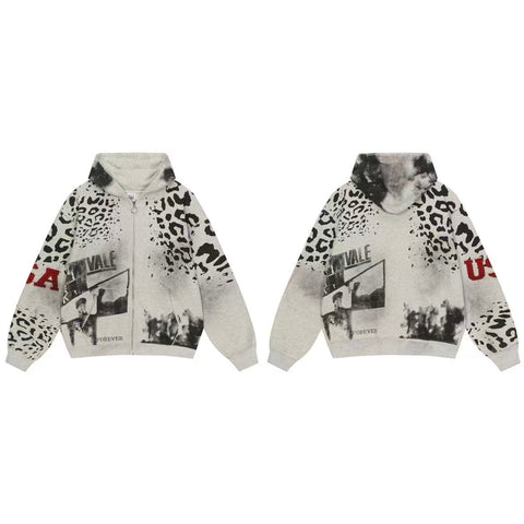 Vale Forever Vintage Leopard Print & "USA" Graphic Zip-Up Hoodie & Sweatpants Set - Grey