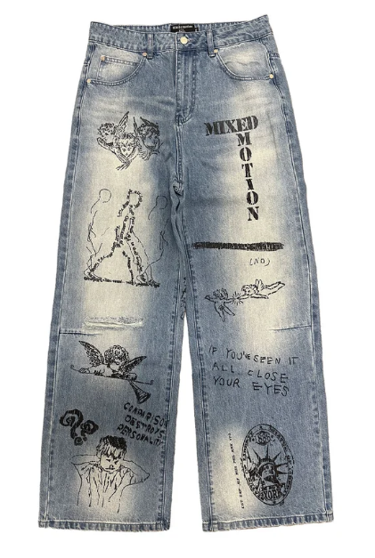 MIXED EMOTIO Sketch Art Graphic Distressed Baggy Light Wash Denim Jeans