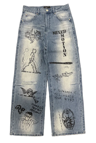 MIXED EMOTIO Sketch Art Graphic Distressed Baggy Light Wash Denim Jeans