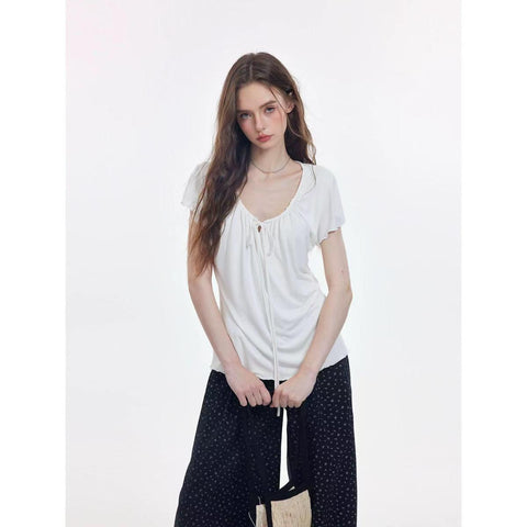Tie Front Ruffle Short Sleeve Blouse