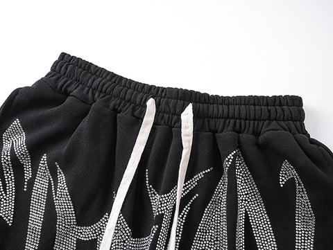 MIXED EMOTIO Rhinestone Heavy Metal Font Black Sweat Shorts