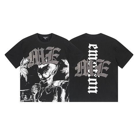 MIXED EMOTIO Alien Beach Vacation Black Graphic Short Sleeve T‑Shirt