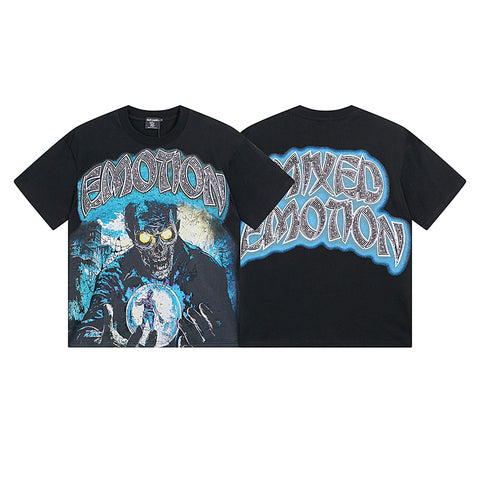 MIXED EMOTIO Glowing‑Eye Skull Sorcerer Metal Graphic Short Sleeve T‑Shirt