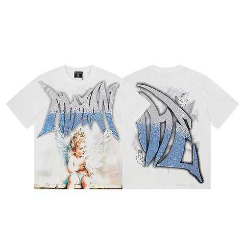 MIXED EMOTIO Cherub Dove Gradient Rhinestone White Graphic Short Sleeve T‑Shirt