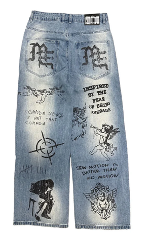 MIXED EMOTIO Sketch Art Graphic Distressed Baggy Light Wash Denim Jeans