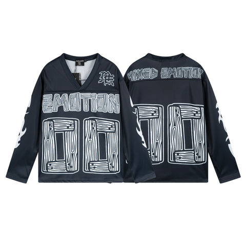 MIXED EMOTIO 00 Wood Grain Print V‑Neck Hockey Jersey Long‑Sleeve Top