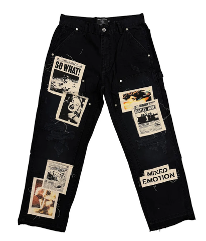 MIXED EMOTIO Vintage Poster Patchwork Distressed Carpenter Black Pants