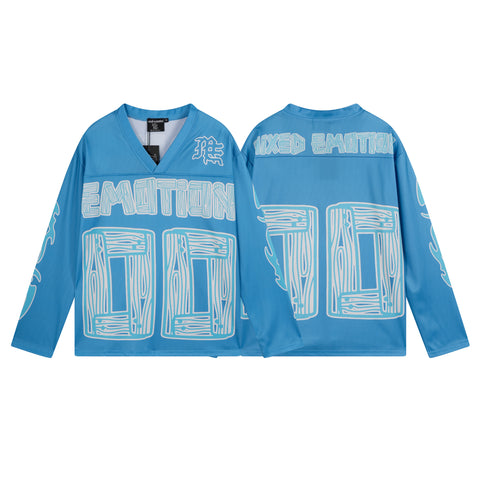 MIXED EMOTIO 00 Wood Grain Print Blue V‑Neck Hockey Jersey Long‑Sleeve Top