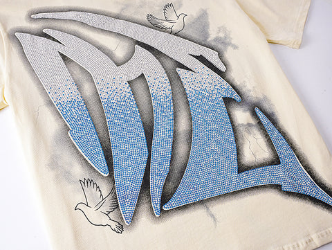 MIXED EMOTIO Cherub Dove Gradient Rhinestone Graphic Short Sleeve T‑Shirt